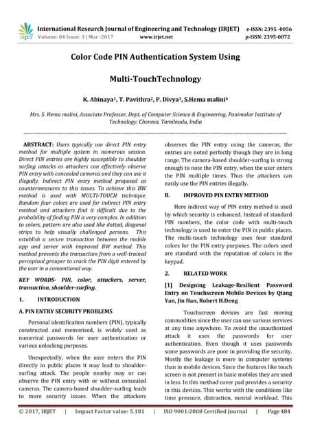 Color Code PIN Authentication System Using Multi-TouchTechnology