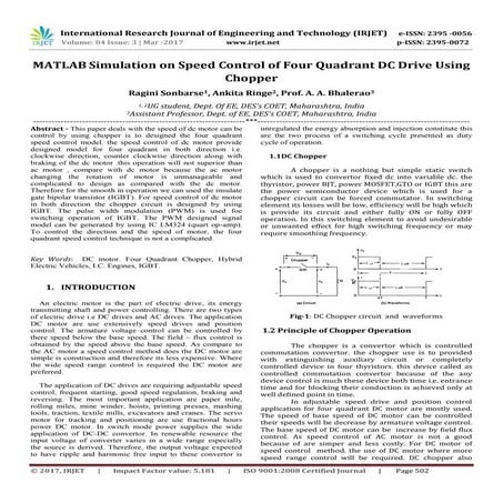 MATLAB Simulation on Speed Control of Four Quadrant DC Drive Using Chopper