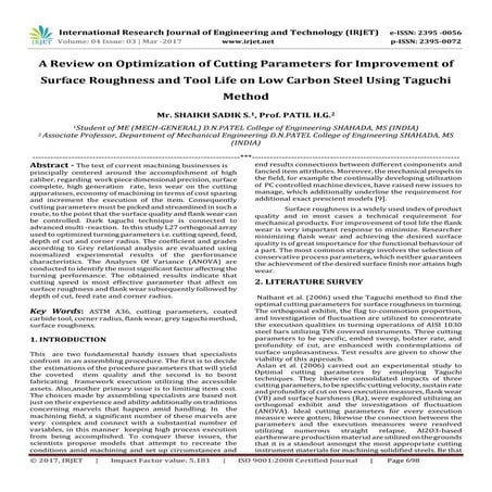 A Review on Optimization of Cutting Parameters for Improvement of Surface Rou...