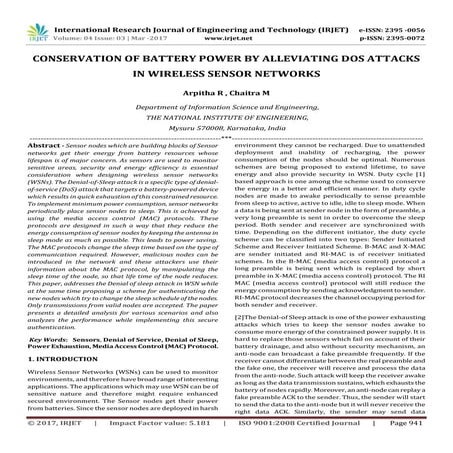 Conservation Of Battery Power by Alleviating DOS Attacks in Wireless Sensor N...