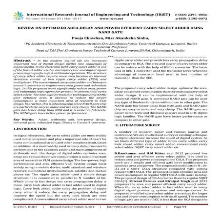 Review on optimized area,delay and power efficient carry select adder using n...