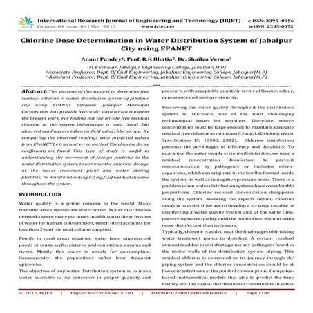Chlorine Dose Determination in Water Distribution System of Jabalpur City usi...