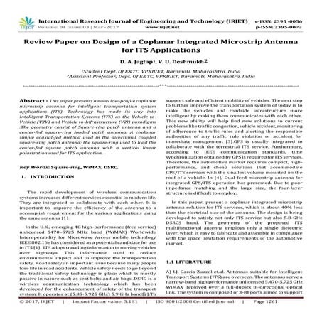 Review Paper on Design of A Coplanar Integrated Microstrip Antenna for ITS Ap...
