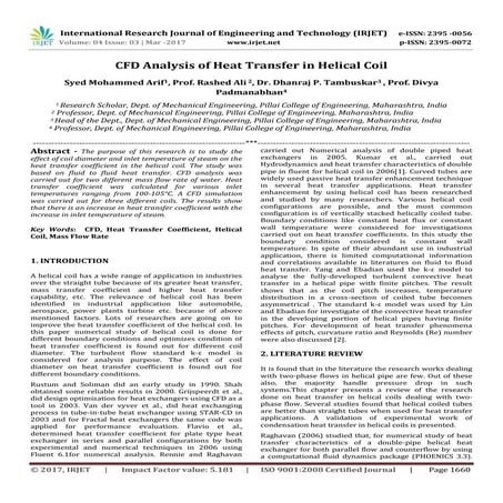 CFD Analysis of Heat Transfer in Helical Coil