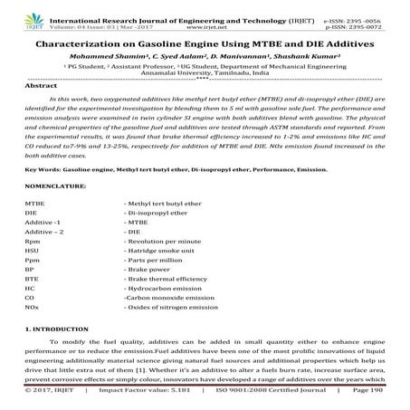 Characterization on Gasoline Engine Using MTBE and DIE Additives