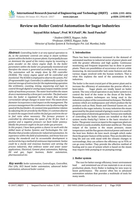 Review on Boiler Control Automation for Sugar Industries