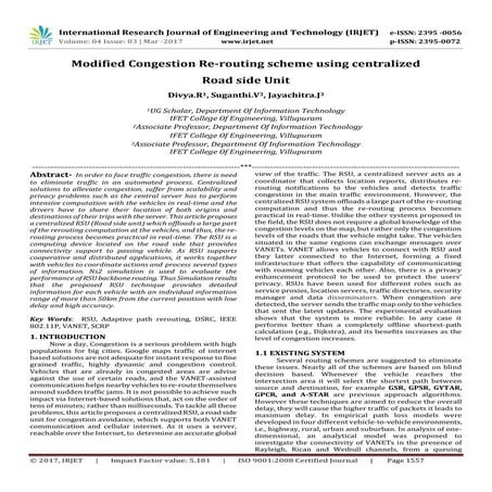 Modified Congestion Re-Routing Scheme using Centralized Road Side Unit