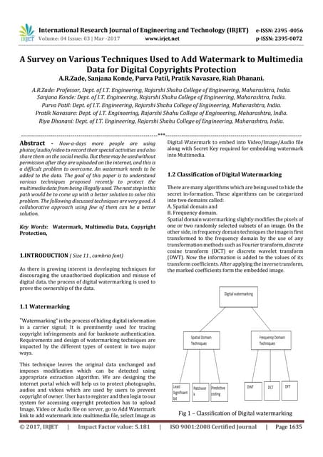 A Survey on Various Techniques used to Add Watermark to Multimedia Data for D...