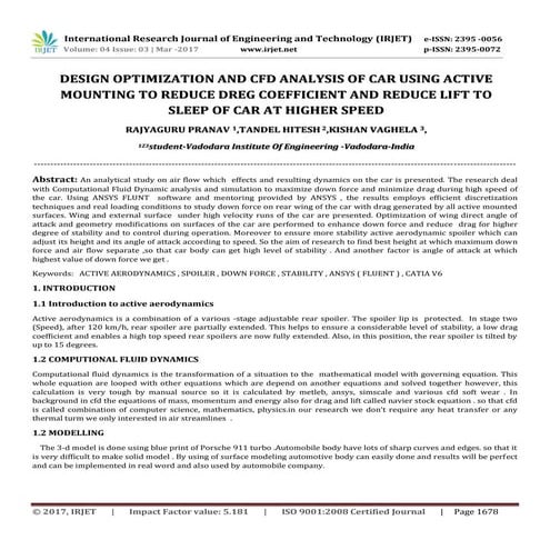 Design Optimization and CFD Analysis of Car using Active Mounting to Reduce D...
