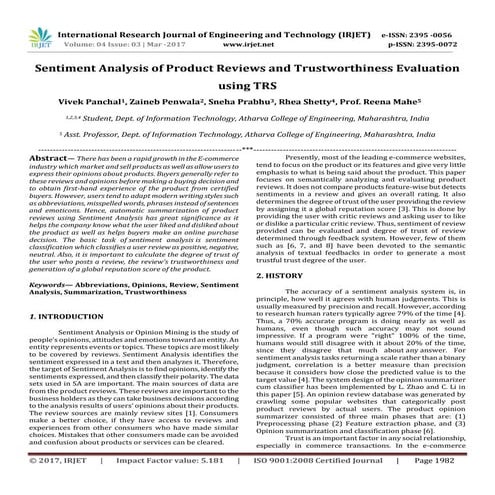 Sentiment Analysis of Product Reviews and Trustworthiness Evaluation using TRS