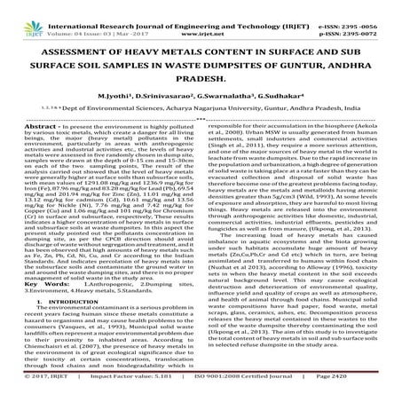 Assessment of Heavy Metals Content in Surface and Sub Surface Soil Samples in...