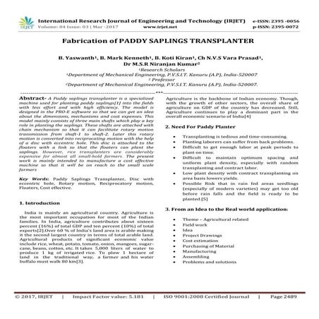 Fabrication of Paddy Saplings Transplanter