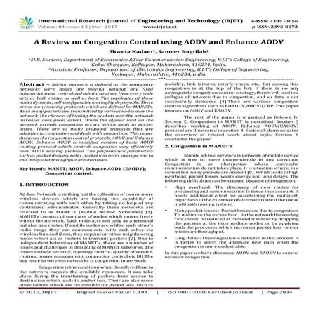 A Review on Congestion Control using AODV and Enhance AODV          