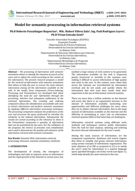 IRJET-Model for semantic processing in information retrieval systems