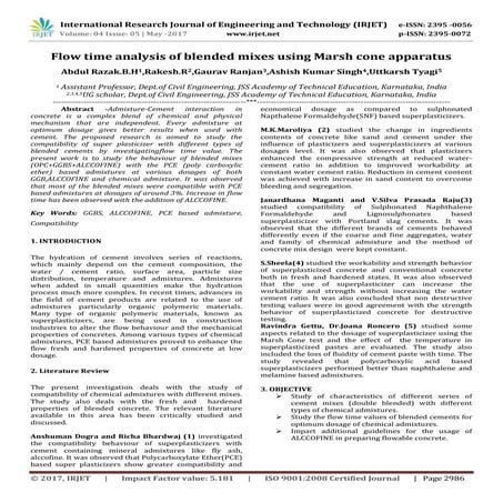 Flow time analysis of blended mixes using Marsh cone apparatus