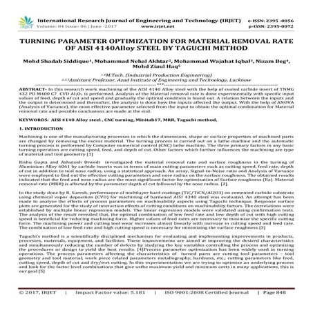 Turning Parameter Optimization for Material Removal Rate of AISI 4140 Alloy S...