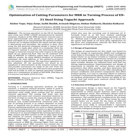 Optimization of Cutting Parameters for MRR in Turning Process of EN-31 Steel ...