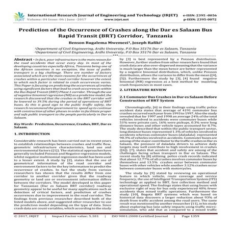 Prediction of the Occurrence of Crashes along the Dar es Salaam Bus Rapid Tra...