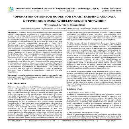 Operation of Sensor Nodes for Smart Farming and Data Networking using Wireles...