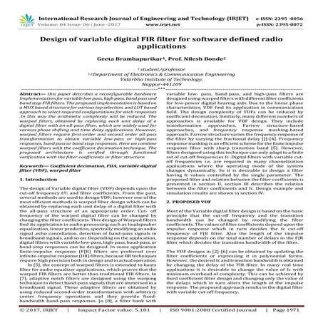 Design of Variable Digital FIR Filter for Software Defined Radio Applications
