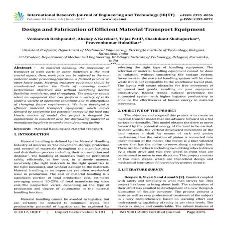 Design and Fabrication of Efficient Material Transport Equipment