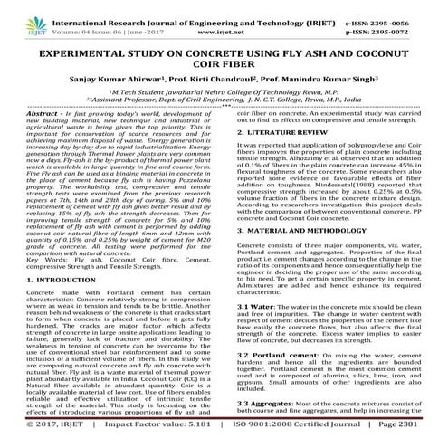 Experimental Study on Concrete using Fly Ash and Coconut Coir Fiber | PDF