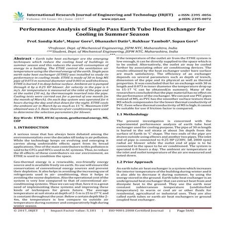 Performance Analysis of Single Pass Earth Tube Heat Exchanger for ...