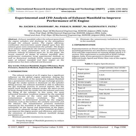 Experimental and CFD Analysis of Exhaust Manifold to Improve Performance of I...