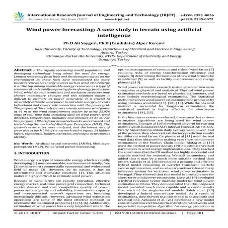 Wind power forecasting: A Case Study in Terrain using Artificial Intelligence