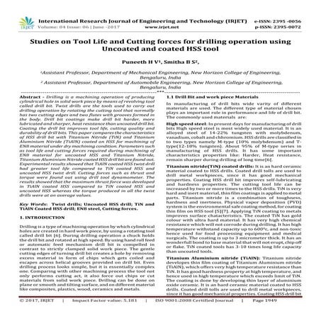 Studies on Tool Life and Cutting Forces for Drilling Operation using Uncoated...