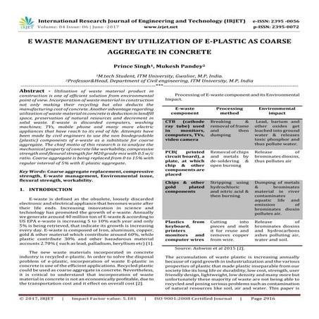 E Waste Management by Utilization of E-Plastic as Coarse Aggregate in Concrete