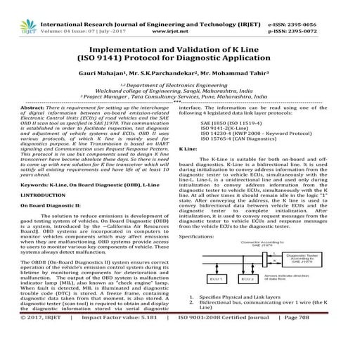 Implementation and Validation of K Line (ISO 9141) Protocol for Diagnostic Ap...