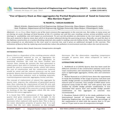 Use of Quarry Dust as Fine Aggregates by Partial Replacement of  Sand in Conc...
