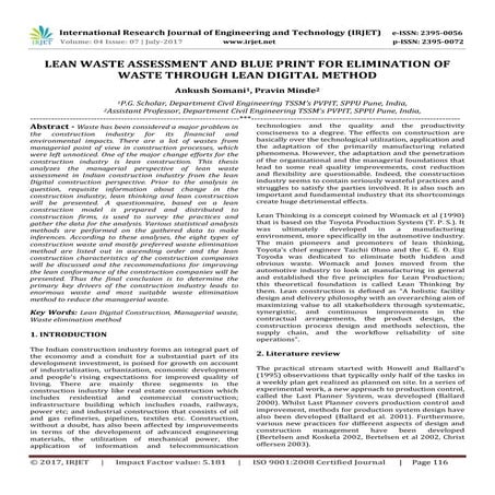 Lean Waste Assessment and Blue Print for Elimination of Waste Through Lean Di...