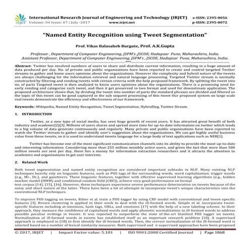 Named Entity Recognition using Tweet Segmentation