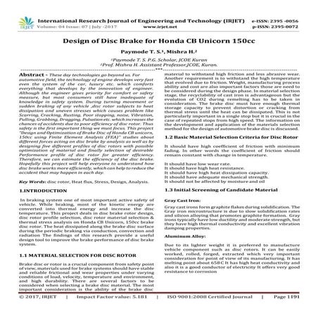 Design of Disc Brake for Honda CB Unicorn 150cc