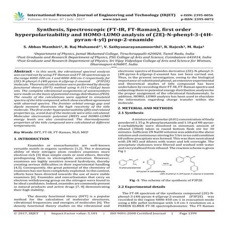 Synthesis, Spectroscopic (FT-IR, FT-Raman), First Order HYPERPOLARIZABILITY a...