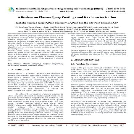 Irjet v4 i7349A Review on Plasma Spray Coatings and its Characterization