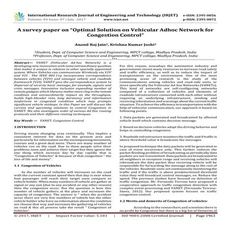 A survey paper on Optimal Solution on Vehicular Adhoc Network for Congestion ...