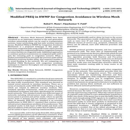 Modified PREQ in HWMP for Congestion Avoidance in Wireless Mesh Network
