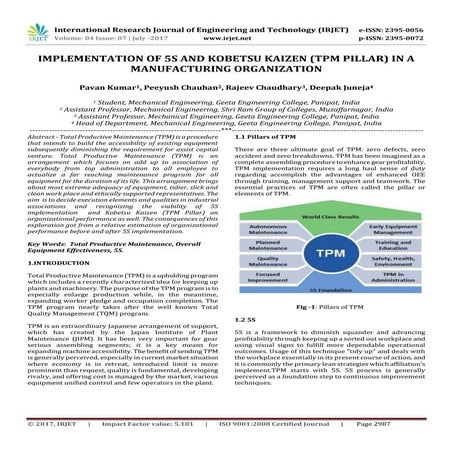 Implementation of 5S and KOBETSU KAIZEN (TPM Pillar) in a Manufacturing Organ...