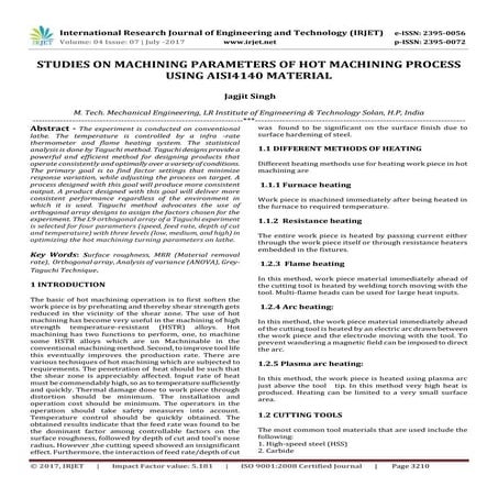 Studies on Machining Parameters of Hot Machining Process using Aisi4140 Material
