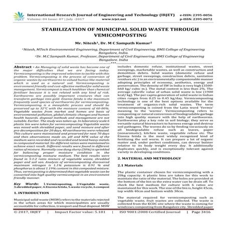 Stabilization of Municipal Solid Waste through Vemicomposting