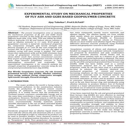 Experimental Study on Mechanical Properties of Fly Ash and GGBS Based Geopoly...
