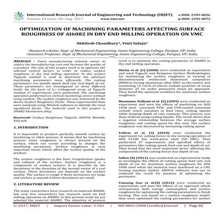 Optimization of Machining Parameters Affecting Surface Roughness of Al6082 in...