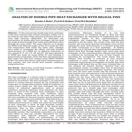 Analysis of Double Pipe Heat Exchanger With Helical Fins