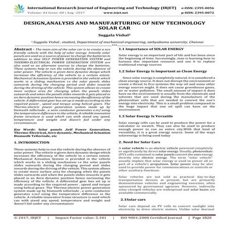 Design, Analysis and Manufarturing of New Technology Solar Car