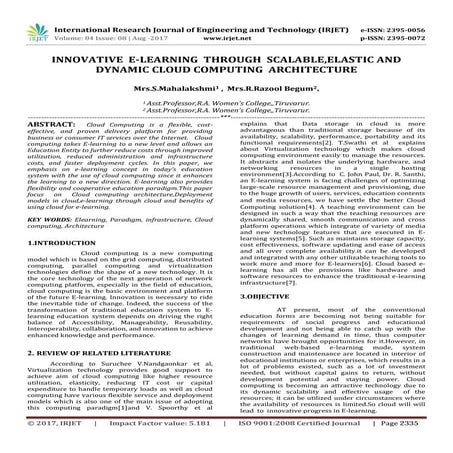 Innovative E-Learning through Scalable,Elastic and Dynamic Cloud Computing Ar...