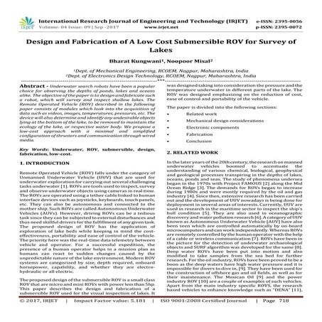Design and Fabrication of a Low Cost Submersible ROV for Survey of Lakes