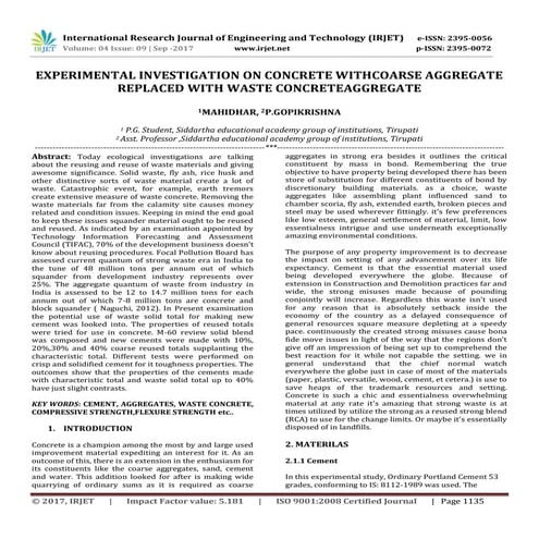 Experimental Investigation on Concrete with coarse Aggregate Replaced with Wa...